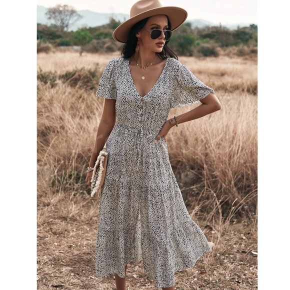 Spotted Print Black and White Midi Dress V-neck Button Front Ruffle Hem - Picture 4 of 10